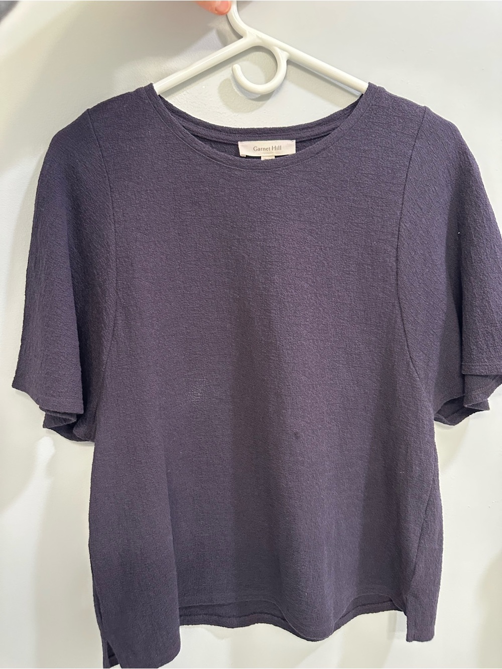 Garnet Hill Pebble-Stitch Flutter-Sleeve Tee Small Navy Blue EUC